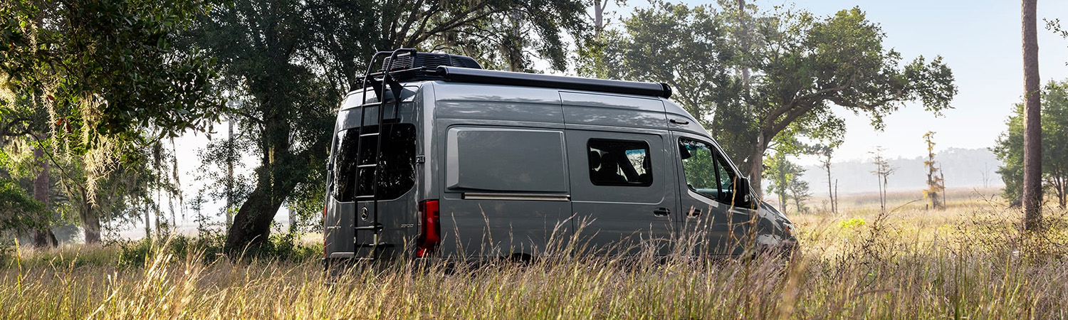Side profile shot of Mercedes-Benz van parked in grass