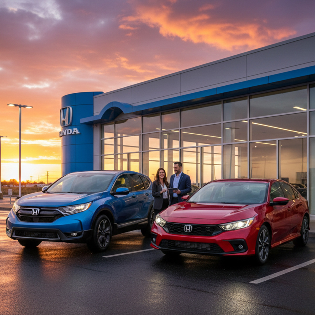 Standing outside of dealership between cars