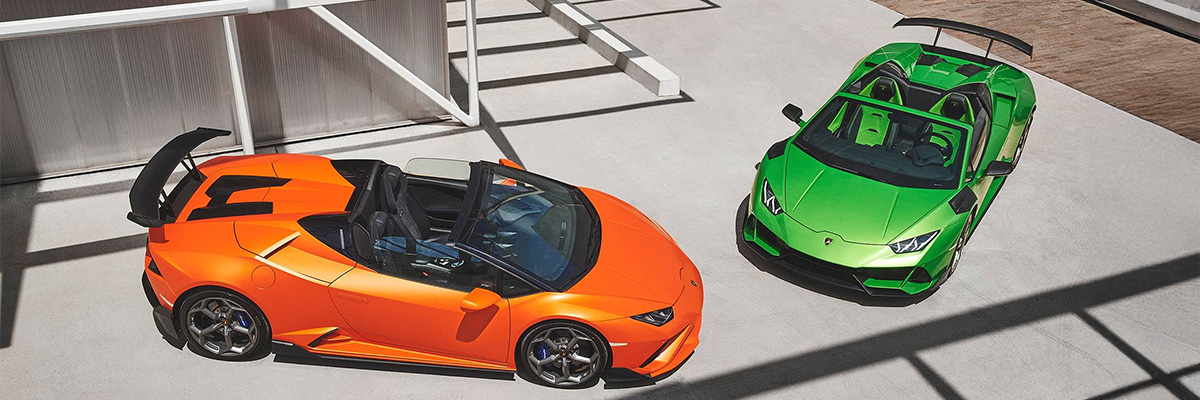 Overhead shot of Lamborghini vehicles parked