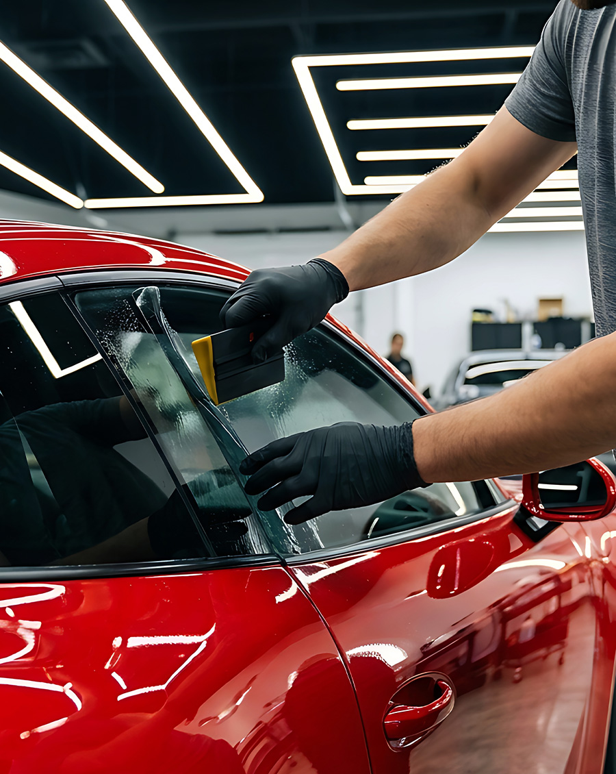 Professional technician tinting car windows on a bright red sports car