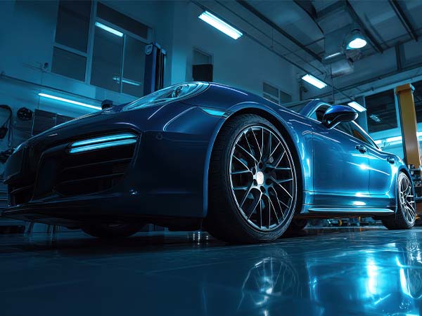 Luxury vehicle in a service bay