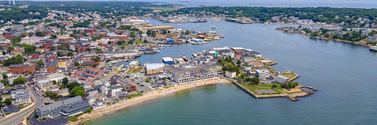 Gloucester city and inner harbor aerial view, Gloucester, Cape Ann, Massachusetts MA, USA. 